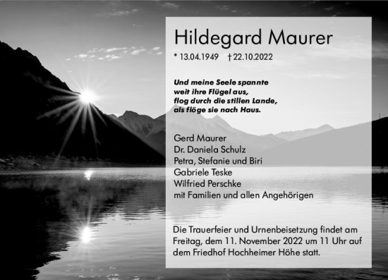 Traueranzeige von Hildegard Maurer von vrm-trauer Wormser Zeitung