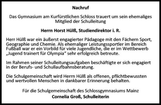 Traueranzeige von Horst Hülß von vrm-trauer AZ Mainz