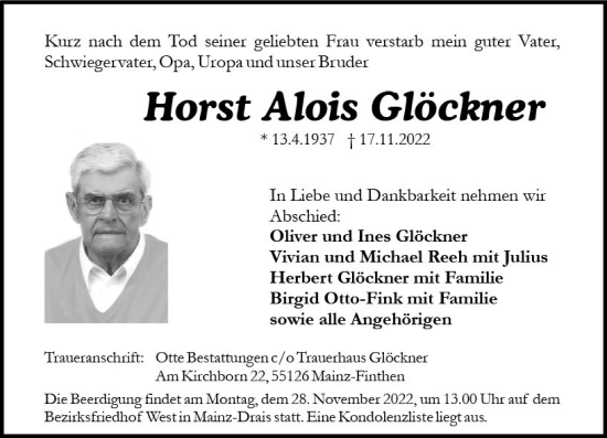 Traueranzeige von Horst Alois Glöckner von vrm-trauer Wiesbadener Kurier