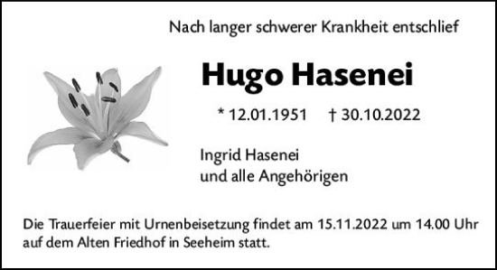 Traueranzeige von Hugo Hasenei von vrm-trauer Darmstädter Echo