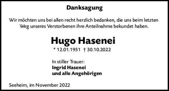 Traueranzeige von Hugo Hasenei von vrm-trauer Darmstädter Echo