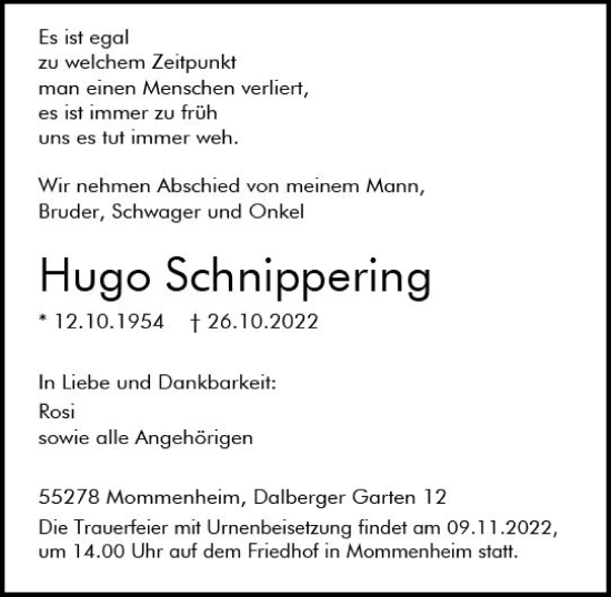 Traueranzeige von Hugo Schnippering von vrm-trauer AZ Mainz