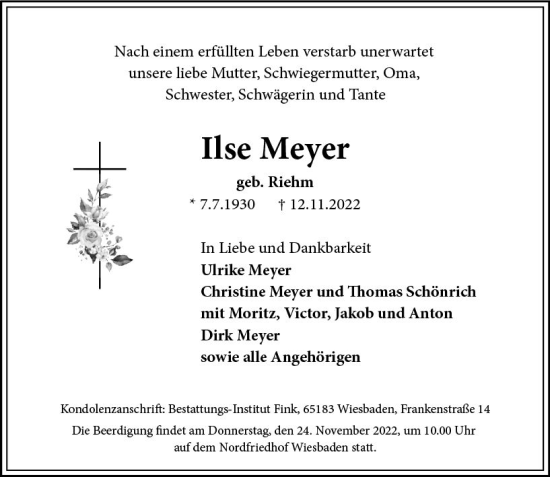 Traueranzeige von Ilse Meyer von vrm-trauer Wiesbadener Kurier