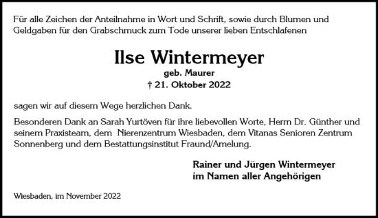 Traueranzeige von Ilse Wintermeyer von vrm-trauer Wiesbadener Kurier