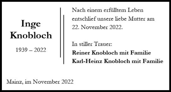 Traueranzeige von Inge Knobloch von vrm-trauer AZ Mainz