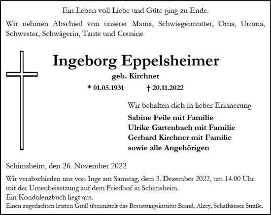 Traueranzeige von Ingeborg Eppelsheimer von vrm-trauer Allgemeine Zeitung Alzey