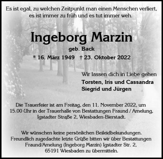 Traueranzeige von Ingeborg Marzin von vrm-trauer Wiesbadener Kurier