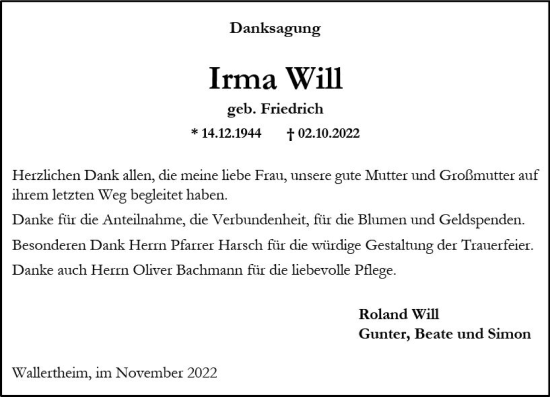Traueranzeige von Irma Will von vrm-trauer Allgemeine Zeitung Alzey