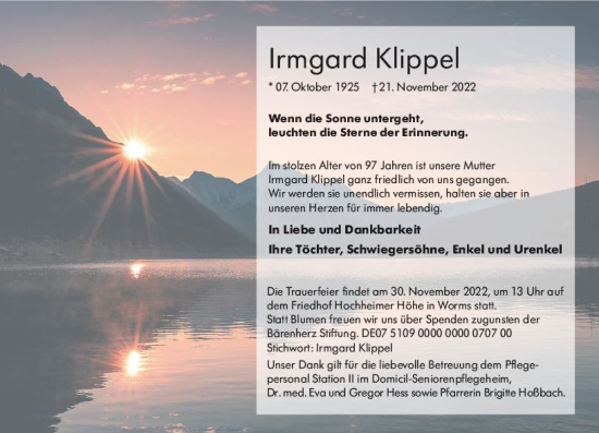 Traueranzeige von Irmgard Klippel von vrm-trauer Wormser Zeitung