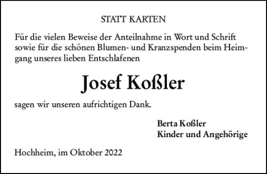 Traueranzeige von Josef Koßler von vrm-trauer Hochheimer Zeitung
