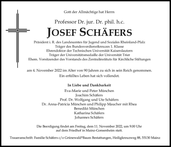 Traueranzeige von Josef Schäfers von vrm-trauer AZ Mainz