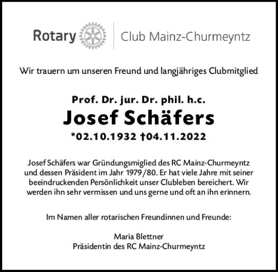 Traueranzeige von Josef Schäfers von vrm-trauer AZ Mainz
