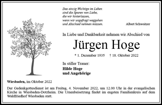 Traueranzeige von Jürgen Hoge von vrm-trauer Wiesbadener Kurier