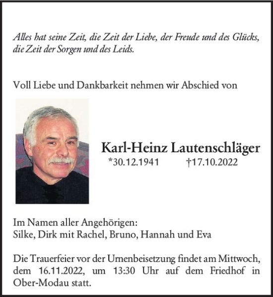 Traueranzeige von Karl-Heinz Lautenschläger von vrm-trauer Darmstädter Echo