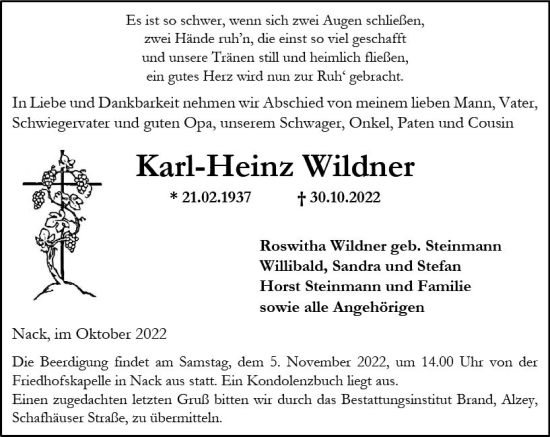 Traueranzeige von Karl-Heinz Wildner von vrm-trauer Allgemeine Zeitung Alzey