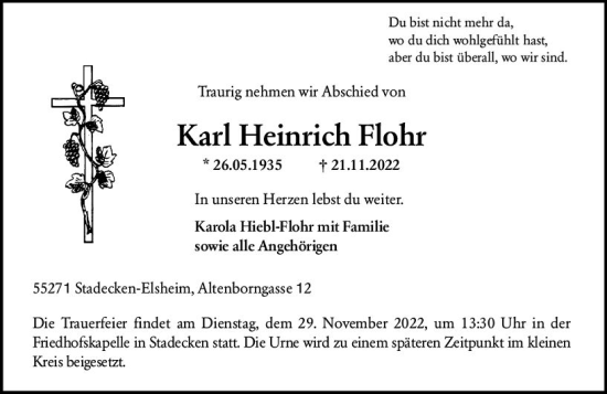 Traueranzeige von Karl Heinrich Flohr von vrm-trauer AZ Mainz