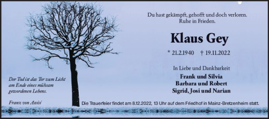 Traueranzeige von Klaus Gey von vrm-trauer AZ Mainz