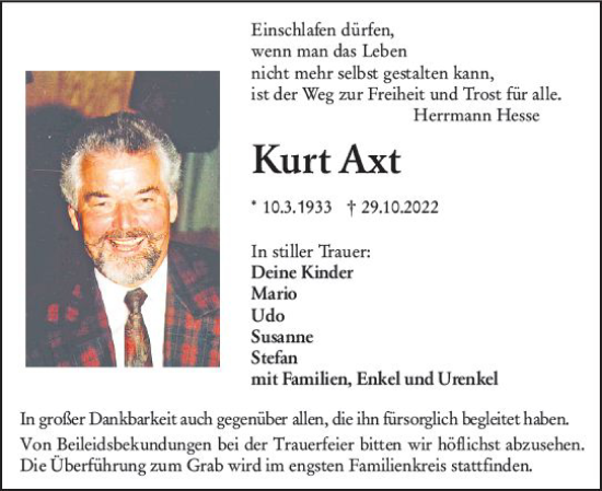 Traueranzeige von Kurt Axt von vrm-trauer Allgemeine Zeitung Alzey