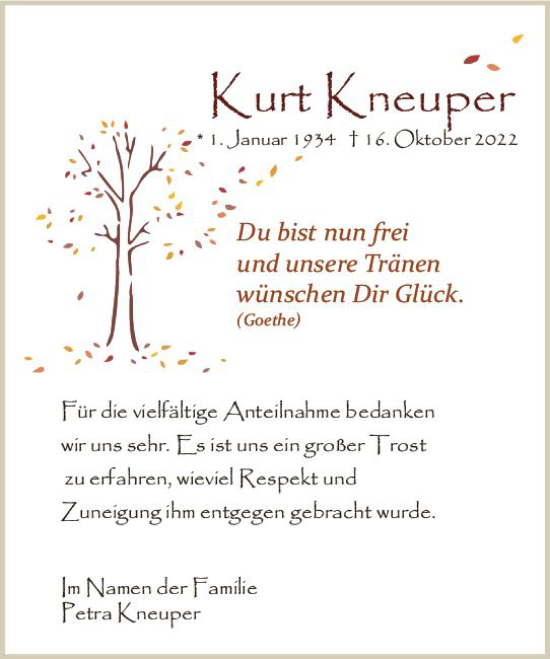 Traueranzeige von Kurt Kneuper von vrm-trauer Wiesbadener Kurier