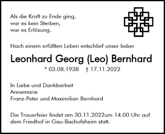 Traueranzeige von Leonhard Georg  Bernhard von vrm-trauer AZ Mainz