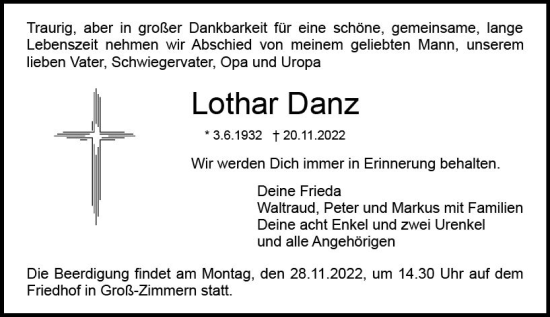 Traueranzeige von Lothar Danz von vrm-trauer DieburgerAnzeiger/Groß-Zimmerner Lokala