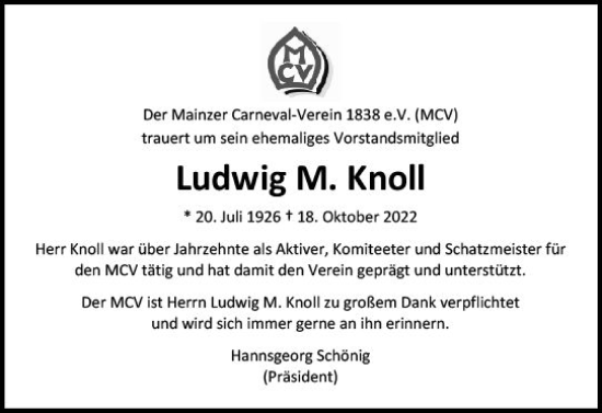 Traueranzeige von Ludwig M. Knoll von vrm-trauer AZ Mainz