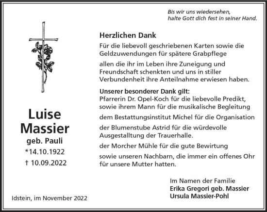 Traueranzeige von Luise Massier von vrm-trauer Idsteiner Zeitung