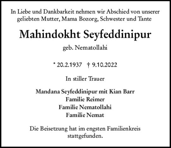 Traueranzeige von Mahindokht Seyfeddinipur von vrm-trauer AZ Mainz