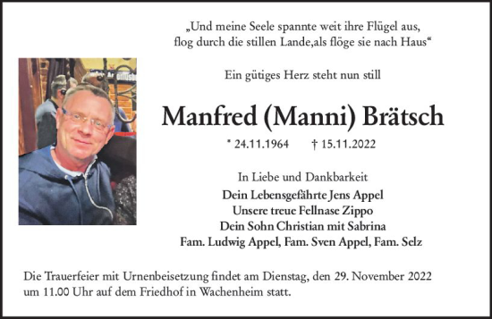 Traueranzeige von Manfred Brätsch von vrm-trauer Wormser Zeitung