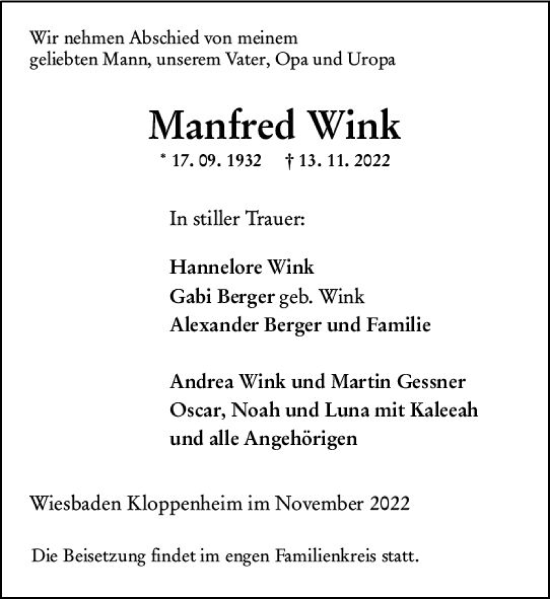 Traueranzeige von Manfred Wink von vrm-trauer Wiesbadener Kurier