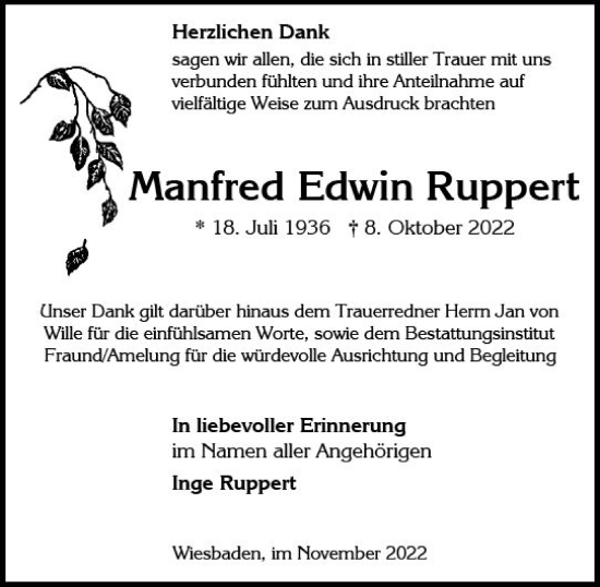 Traueranzeige von Manfred Edwin Ruppert von vrm-trauer Wiesbadener Kurier