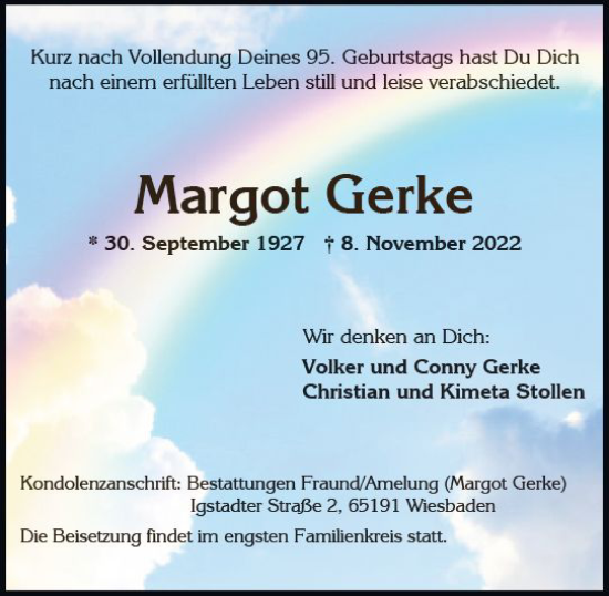 Traueranzeige von Margot Gerke von vrm-trauer Wiesbadener Kurier