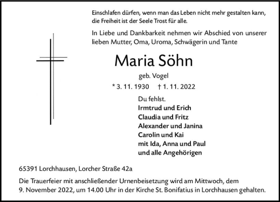 Traueranzeige von Maria Söhn von vrm-trauer Rheingau