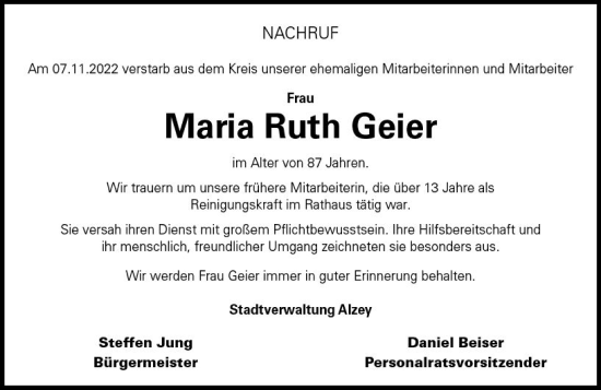 Traueranzeige von Maria Ruth Geier von vrm-trauer Allgemeine Zeitung Alzey