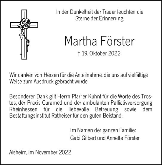 Traueranzeige von Martha Förster von vrm-trauer Wormser Zeitung