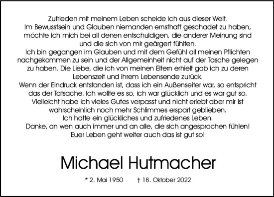 Traueranzeige von Michael Hutmacher von vrm-trauer Allgemeine  Zeitung Ingelheim-Bingen