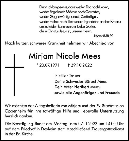 Traueranzeige von Miriam Nicole Mees von vrm-trauer AZ Mainz