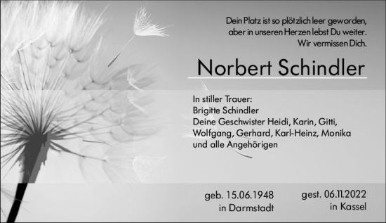 Traueranzeige von Norbert Schindler von vrm-trauer Darmstädter Echo