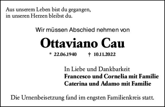 Traueranzeige von Ottaviano Cau von vrm-trauer Rüsselsheimer Echo / MainSpitze