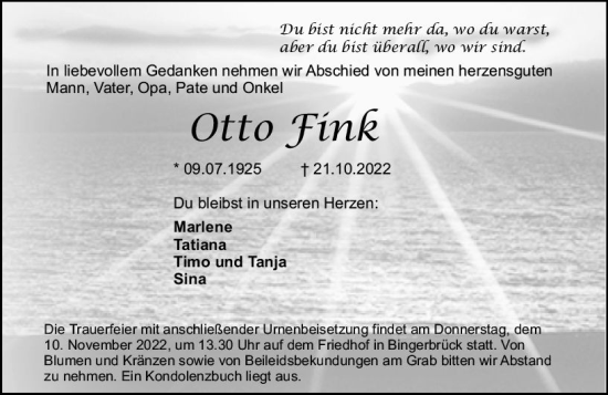 Traueranzeige von Otto Fink von vrm-trauer Allgemeine  Zeitung Ingelheim-Bingen