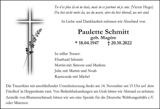 Traueranzeige von Paulette Schmitt von vrm-trauer Bürstädter/Lamperth. Ztg/Starkenburger