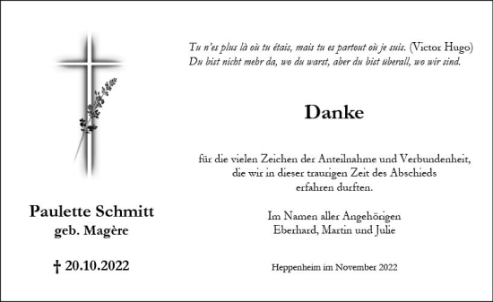 Traueranzeige von Paulette Schmitt von vrm-trauer Bürstädter/Lamperth. Ztg/Starkenburger