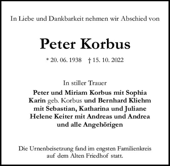 Traueranzeige von Peter Korbus von vrm-trauer Darmstädter Echo