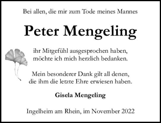 Traueranzeige von Peter Mengeling von vrm-trauer Allgemeine  Zeitung Ingelheim-Bingen