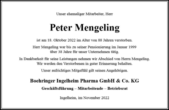 Traueranzeige von Peter Mengeling von vrm-trauer Allgemeine  Zeitung Ingelheim-Bingen