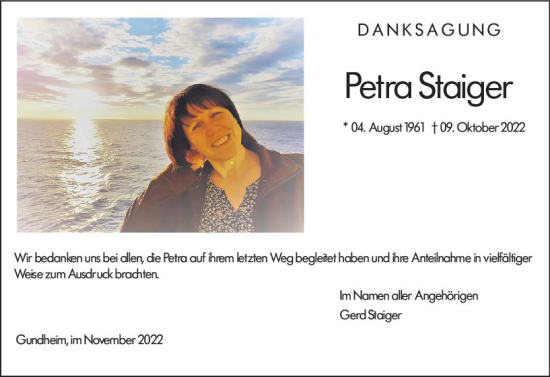 Traueranzeige von Petra Staiger von vrm-trauer Wormser Zeitung