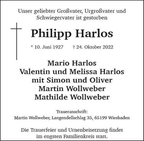 Traueranzeige von Philipp Harlos von vrm-trauer Wiesbadener Kurier