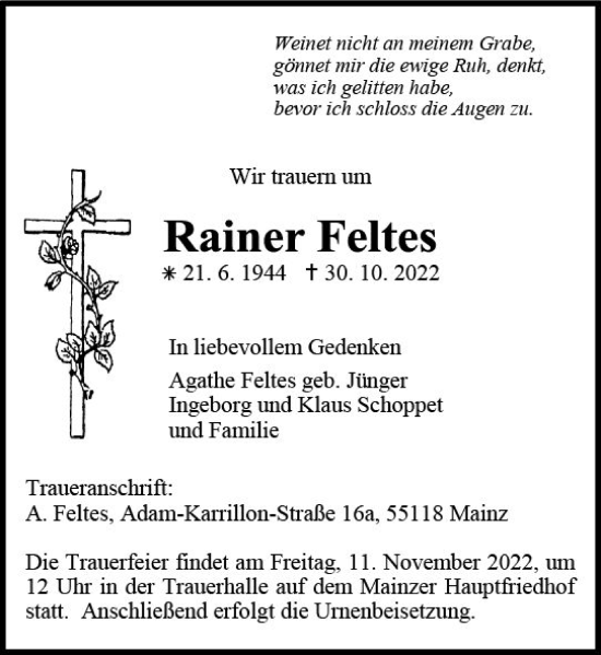 Traueranzeige von Rainer Fettes von vrm-trauer AZ Mainz