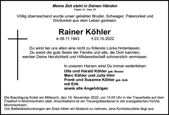 Traueranzeige von Rainer Köhler von vrm-trauer AZ Mainz
