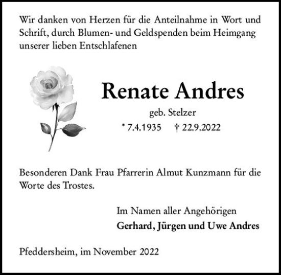 Traueranzeige von Renate Andres von vrm-trauer Wormser Zeitung